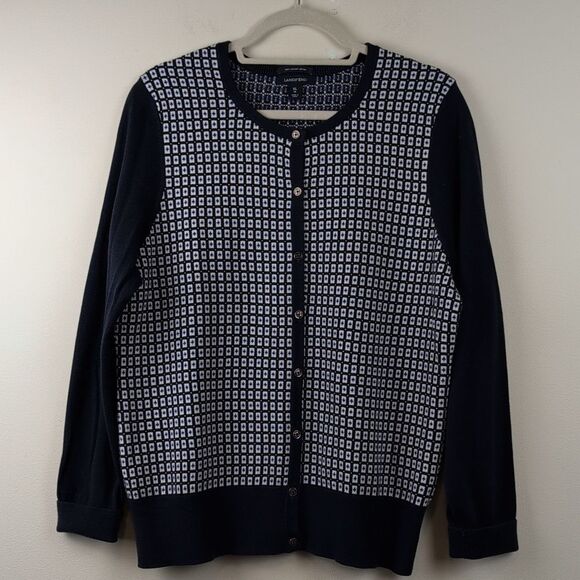 Lands' End Navy and White Patterned Supima Cotton Cardigan Sweater Size 18 - Picture 10 of 10